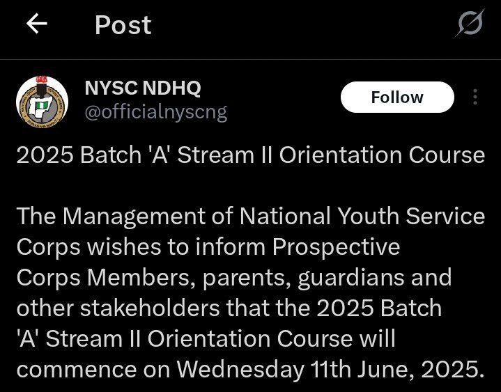 NYSC batch A Stream 2 Orientation Camp Date officially released 2 NYSC batch A Stream 2 orientation course date