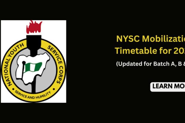 An illustration with NYSC logo and text with the NYSC Mobilization Timetable for 2025