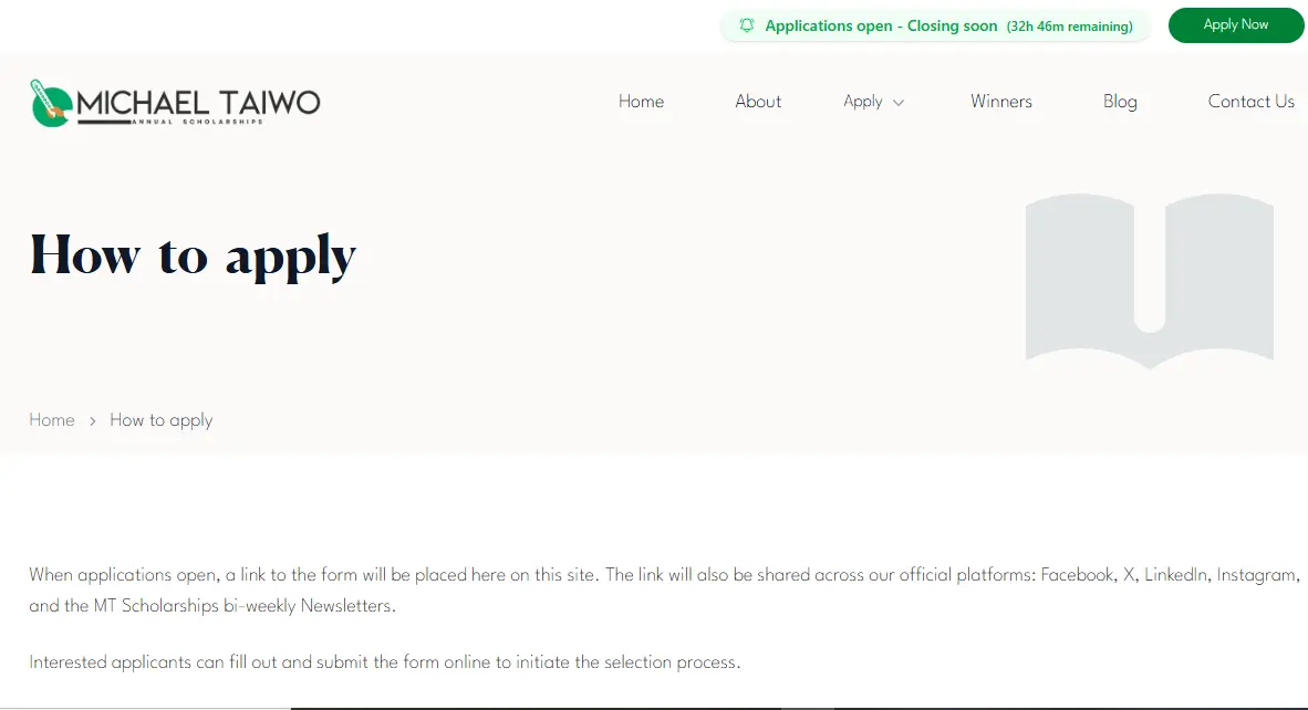 Apply for the Micheal Taiwo Annual Scholarship and get funding for graduate school exams, mentorship, and study abroad support. Open to ambitious students worldwide.