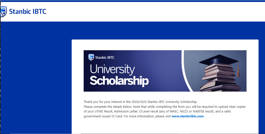 A screenshot on Stanbic IBTC University Scholarship 2025