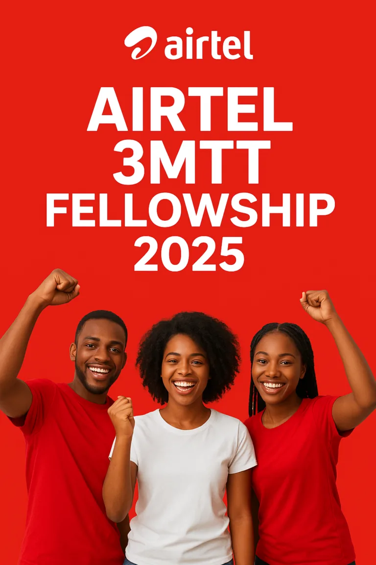 A promotional Airtel 3MTT Fellowship 2025 graphic featuring a smiling young Nigerians.