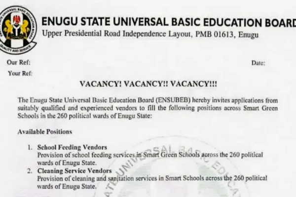 Enugu State SUBEB is recruiting vendors for school feeding and cleaning services