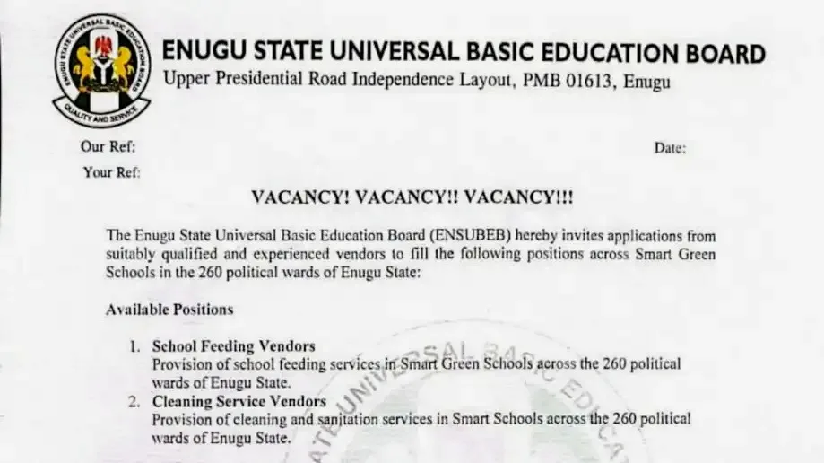 Enugu State SUBEB is recruiting vendors for school feeding and cleaning services