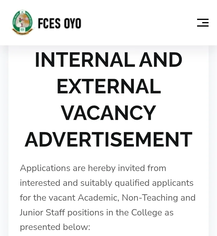 FCES Oyo recruitment portal page
