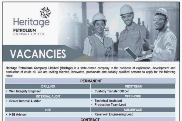 Heritage Petroleum Company Limited, a state-owned company engaged in the exploration, development, and production of crude oil, opens it recruitment 2026 new job vacancies for qualified and experienced professionals.