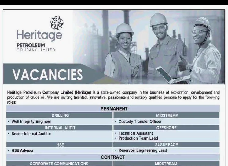 Heritage Petroleum Company Limited, a state-owned company engaged in the exploration, development, and production of crude oil, opens it recruitment 2026 new job vacancies for qualified and experienced professionals.