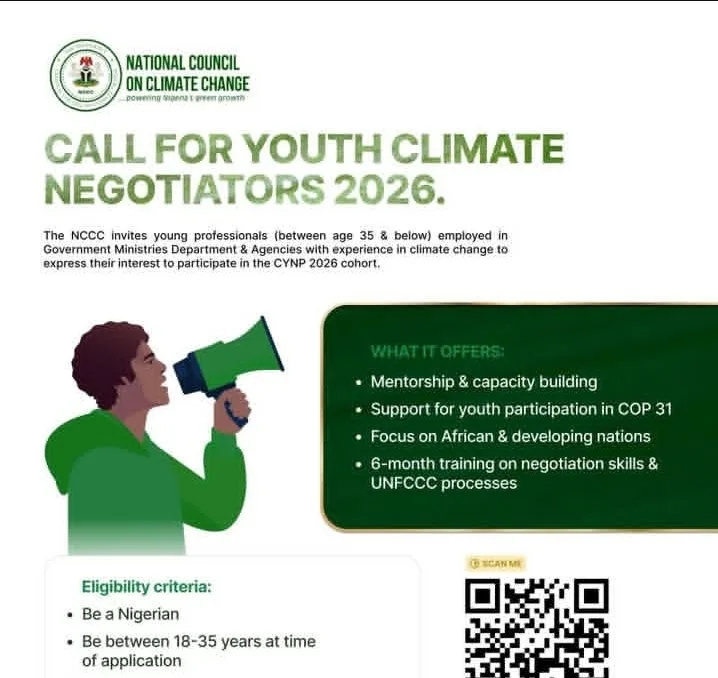 Climate Youth Negotiators Programme (CYNP) 2026 for young Nigerian government professionals working in climate-related agencies.