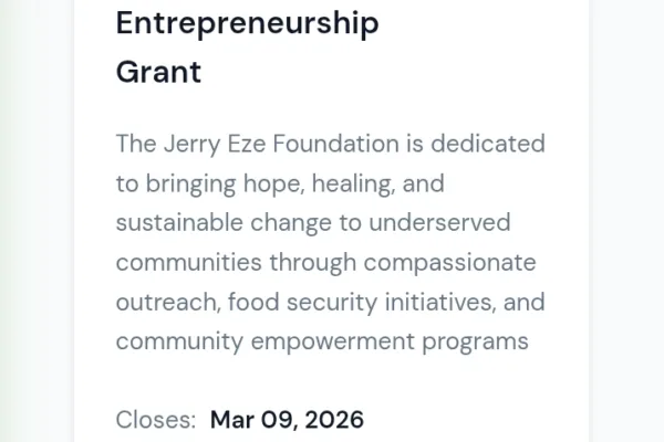 Jerry Eze Foundation Business Grant 2026 is now open. Apply before March 9, 2026. Priority sectors include agriculture, manufacturing, and technology.
