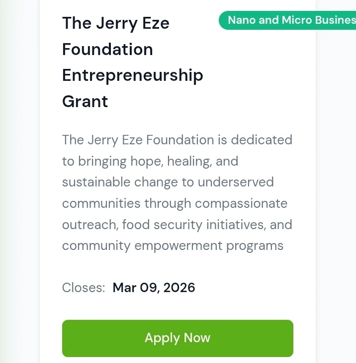 Jerry Eze Foundation Business Grant 2026 is now open. Apply before March 9, 2026. Priority sectors include agriculture, manufacturing, and technology.
