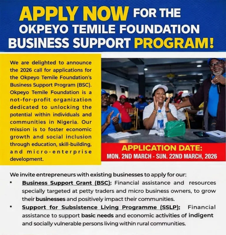 Okpeyo Temile Foundation 2026 Business Support Grant Now Open