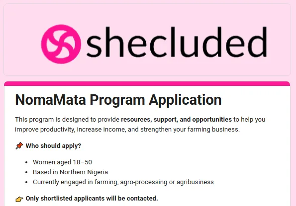 How to apply for Shecluded NomaMata Program application
