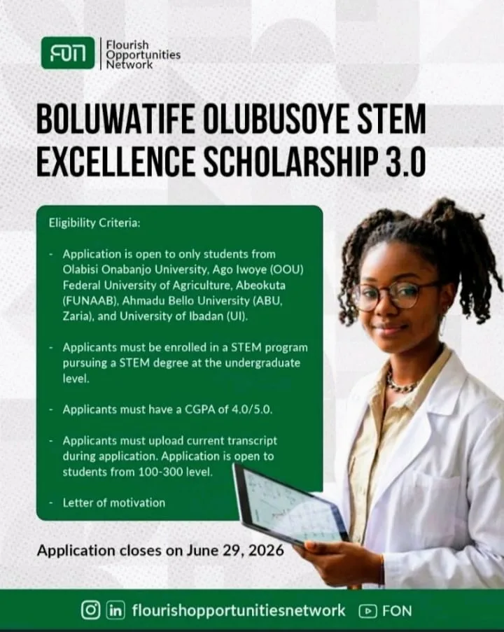 Apply for Boluwatife Olubusoye STEM Excellence Scholarship