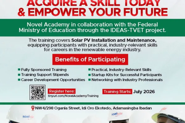 Apply for Novel Academy Free Solar PV Training 2026 IDEAS-TVET (Fully sponsored, with FME & World Bank)
