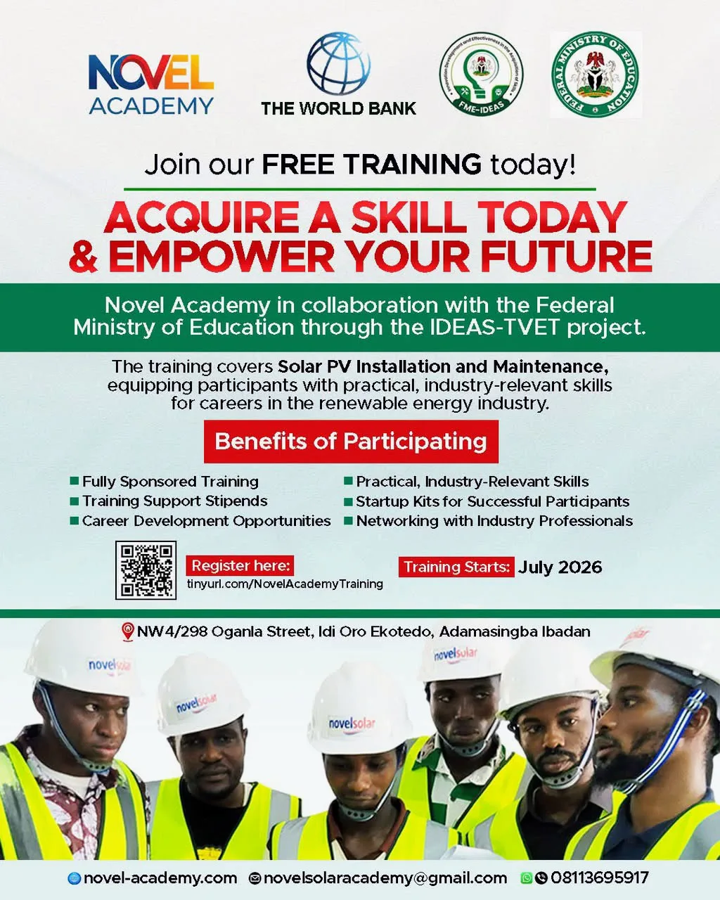 Apply for Novel Academy Free Solar PV Training 2026 IDEAS-TVET (Fully sponsored, with FME & World Bank)