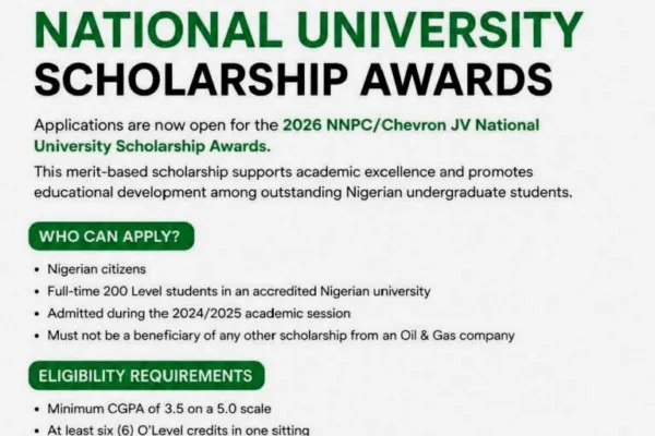 NNPC/Chevron JV Scholarship Awards 2026 now open to all eligible and interested Nigerian undergraduates.