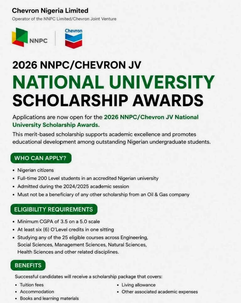NNPC/Chevron JV Scholarship Awards 2026 now open to all eligible and interested Nigerian undergraduates.