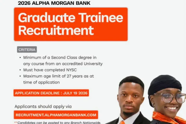 Apply for the Alpha Morgan Bank Graduate Trainee Recruitment 2026.