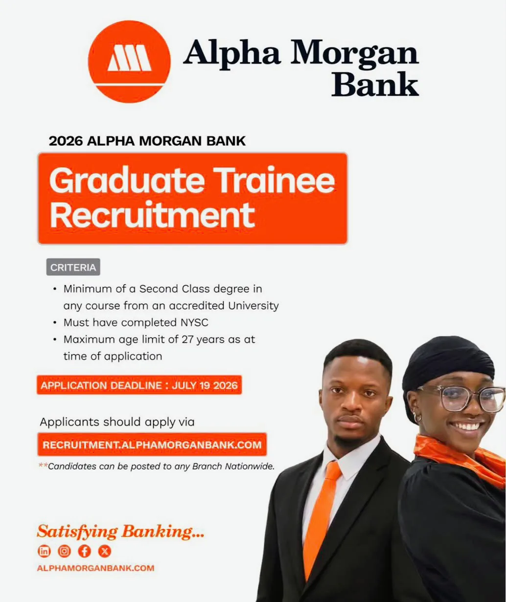Apply for the Alpha Morgan Bank Graduate Trainee Recruitment 2026.