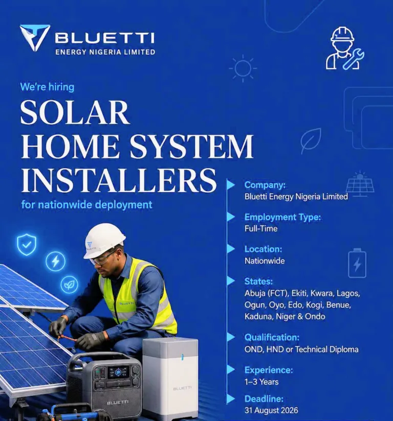 Bluetti Energy Nigeria Limited Solar Home System Installer Vacancies