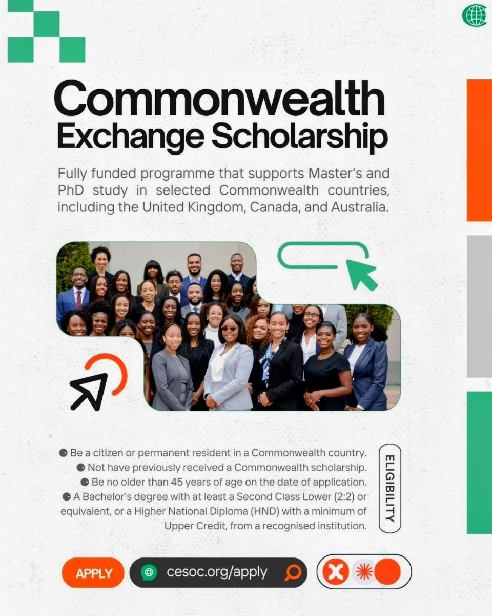 Apply for the 2026 Commonwealth Exchange Scholarship, offering fully funded Master's and PhD degrees at participating universities.