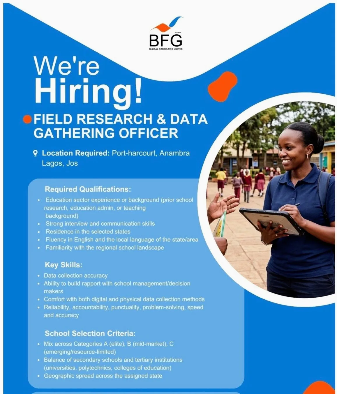 Field Research and Data Gathering Officers at BFG Global Consulting Limited