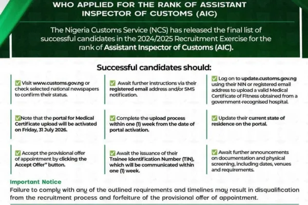 Nigeria Customs has released the final list for Assistant Inspector of Customs (AIC) applicants.