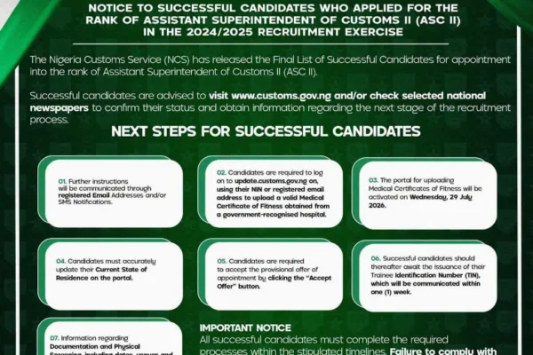 Recruitment list now out on Nigeria Customs portal