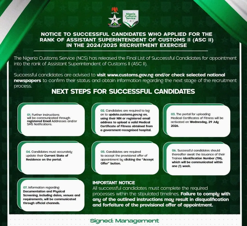 Recruitment list now out on Nigeria Customs portal