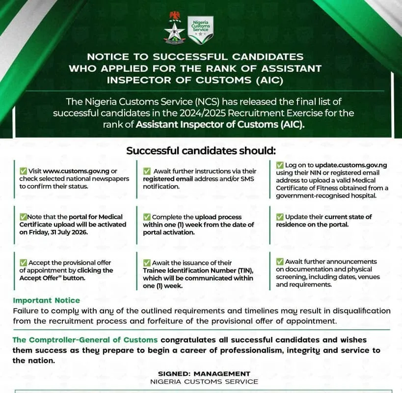 Nigeria Customs has released the final list for Assistant Inspector of Customs (AIC) applicants.