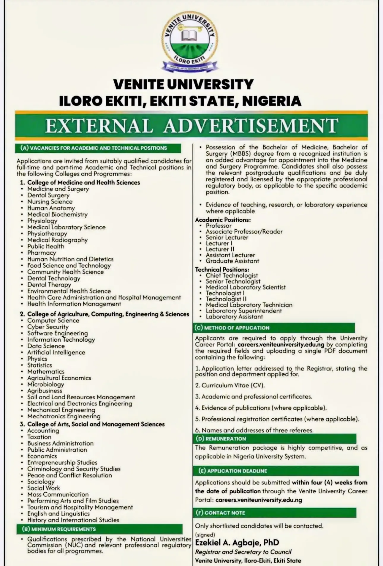 Venite University Recruitment 2026 Now Open. Venite University is a private higher institution located in Iloro Ekiti, Ekiti State, Nigeria