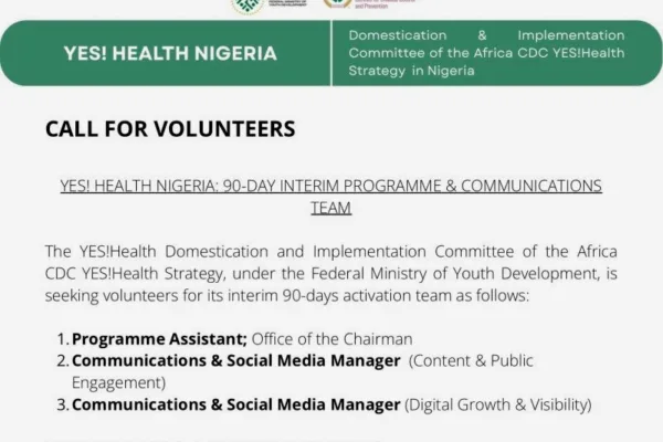 Apply for Federal Ministry of Youth Development YES! Health Nigeria Nationwide Volunteer Interministerial Committee Recruitment 2026