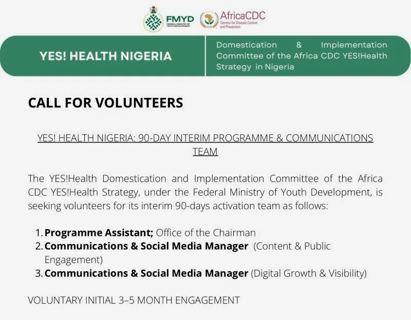 Apply for Federal Ministry of Youth Development YES! Health Nigeria Nationwide Volunteer Interministerial Committee Recruitment 2026