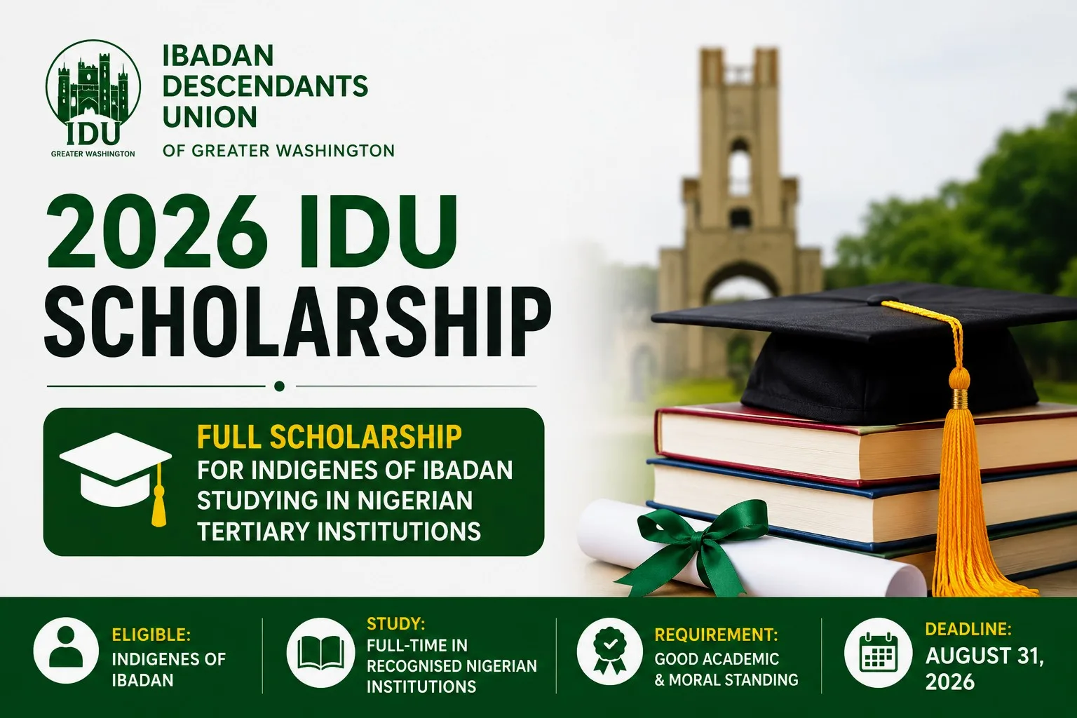 Apply for 2026 IDU Scholarship, sponsored by Ibadan Descendants Union (IDU) of Greater Washington