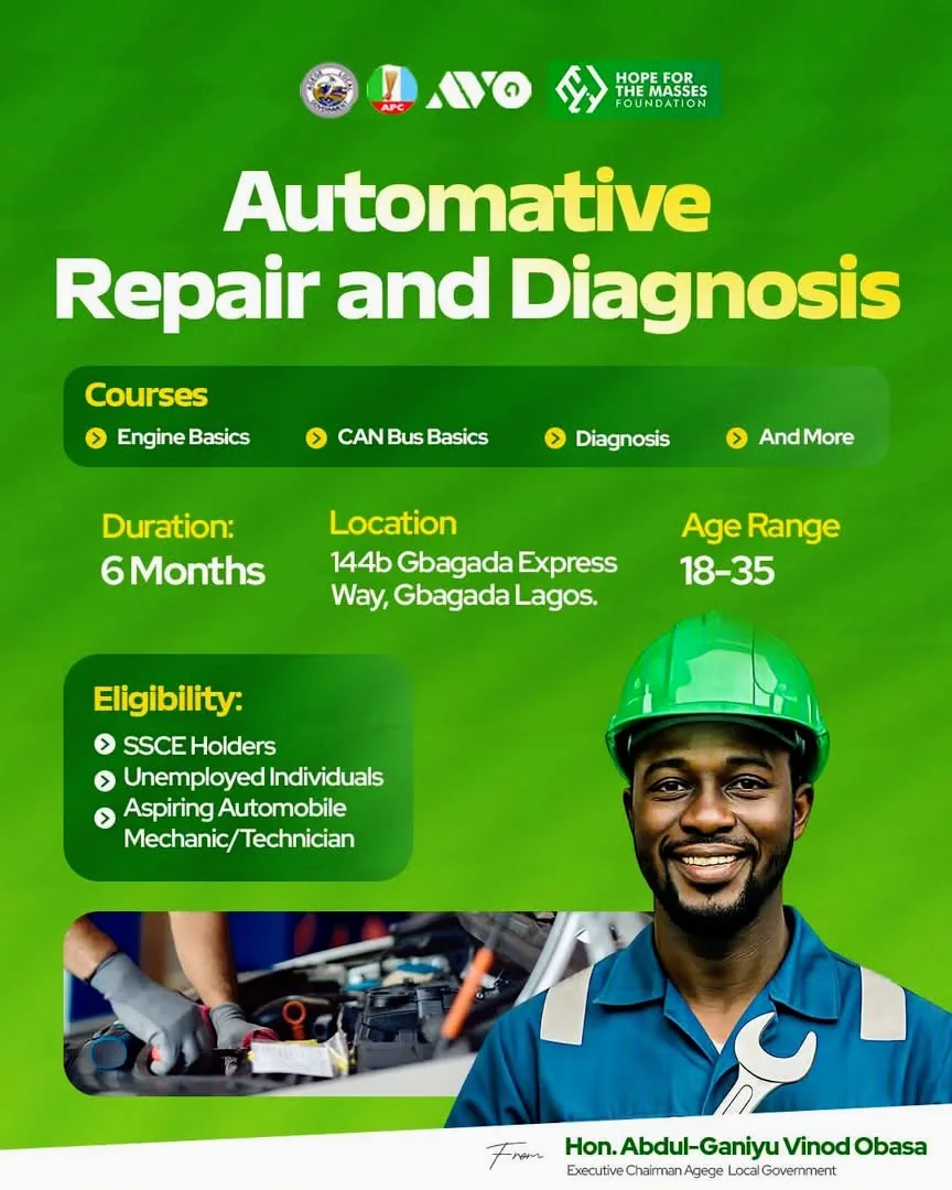 Apply for Agege Local Government 6-Month Automotive Repair & Diagnosis Training 2026