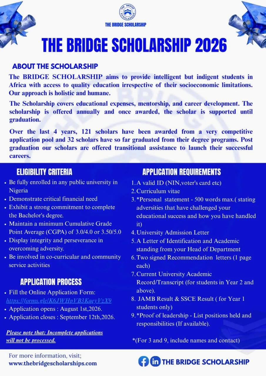 Apply for the Bridge Scholarship 2026/2027 for Nigerian Undergraduates.