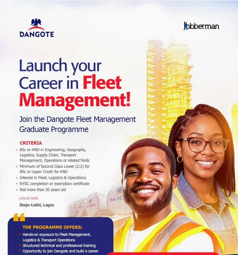 Apply for Dangote Fleet Management Graduate Trainee Programme 2026.