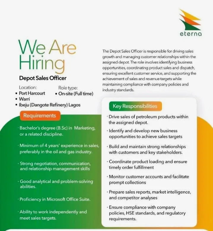 Apply for Eterna Plc Depot Sales Officer Recruitment