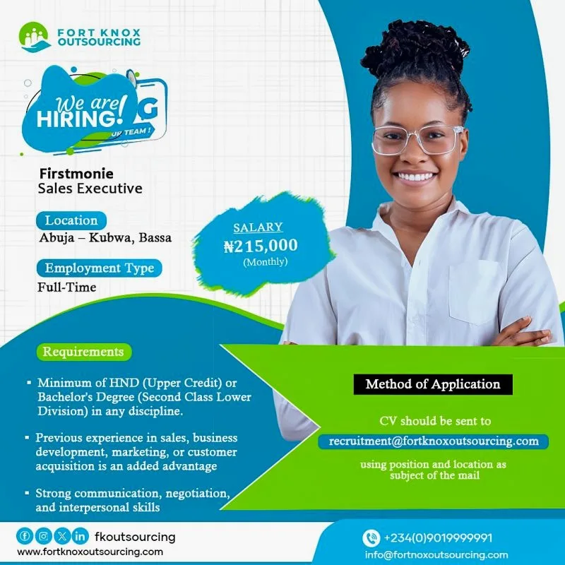 Apply for Fort Knox Outsourcing Sales Executive for FirstMonie Recruitment