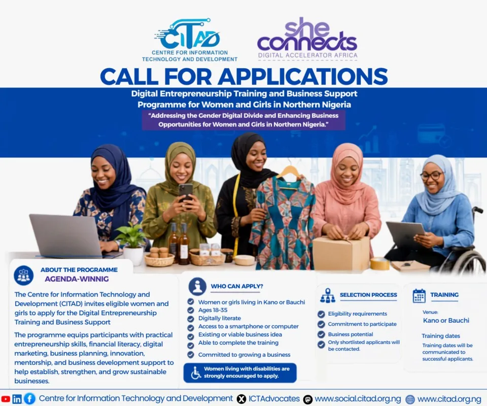 Application for CITAD Free Digital Entrepreneurship Training for Women and Girls is now open.