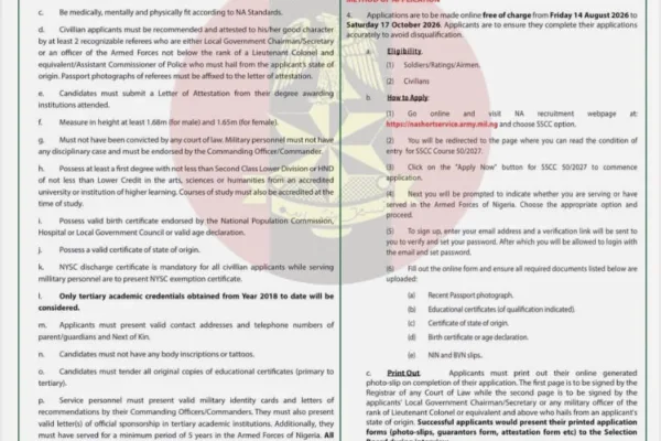 Apply for Nigerian Army Short Service Combant Commission Course