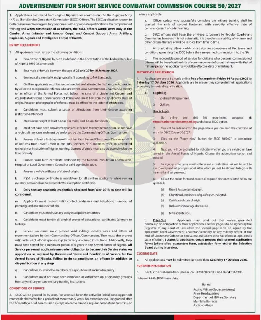 Apply for Nigerian Army Short Service Combant Commission Course