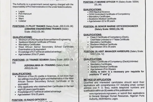 Application now open nationwide for Nigerian Ports Authority (NPA) Recruitment 2026 with Multiple Vacancies Available. See availble positions and how to apply.
