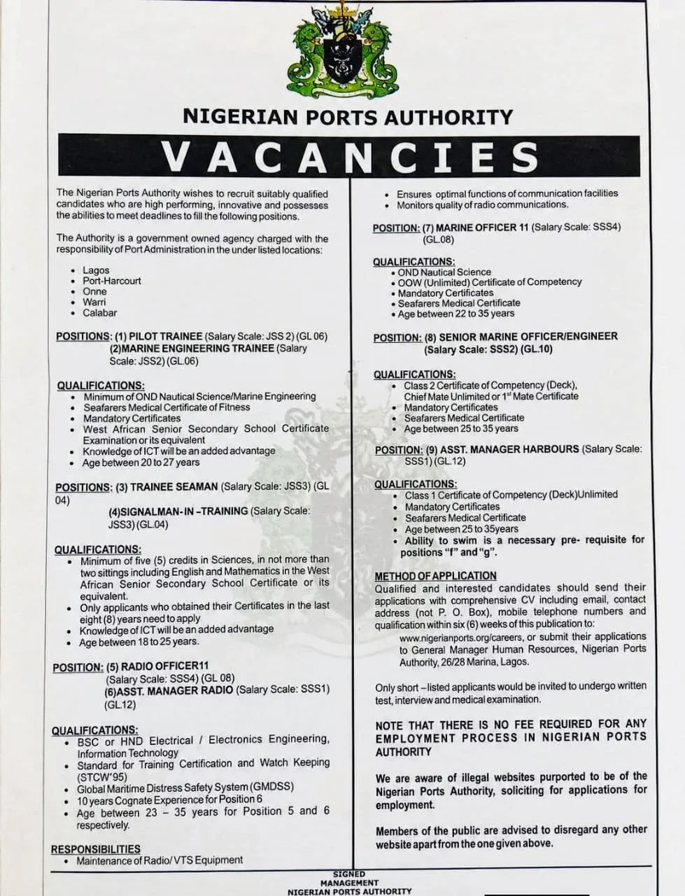 Application now open nationwide for Nigerian Ports Authority (NPA) Recruitment 2026 with Multiple Vacancies Available. See availble positions and how to apply.