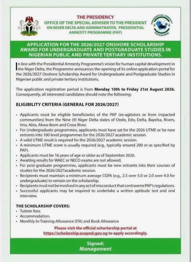 Apply for Presidential Amnesty Programme (PAP) 2026/2027 Onshore Scholarship Application