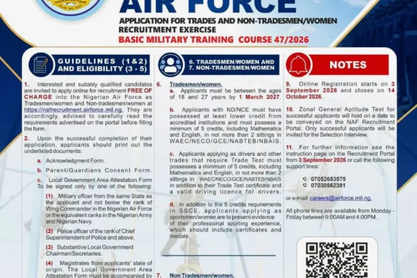 Apply for Nigerian Air Force Recruitment for Tradesmen/Women and Non-Tradesmen/Women