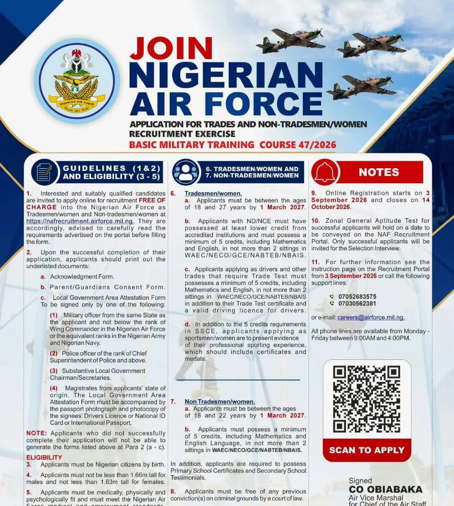 Apply for Nigerian Air Force Recruitment for Tradesmen/Women and Non-Tradesmen/Women